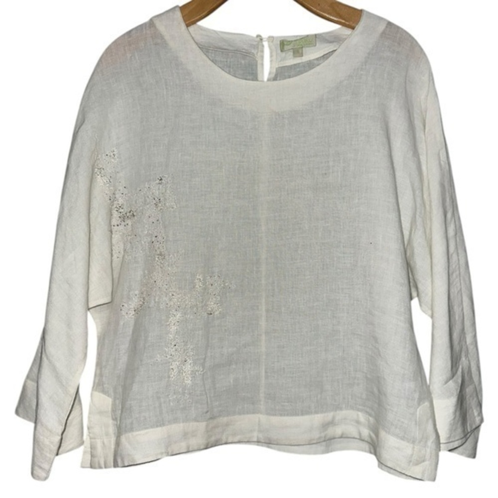 Petanu By Pashma Women’s Size S Cream Ivory Linen Beaded Top Blouse Shirt